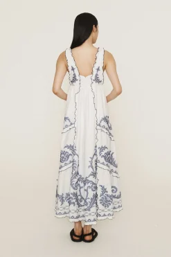 ALÉMAIS HAZEL SMOCKED EMBROIDERED MIDI DRESS (WHITE)