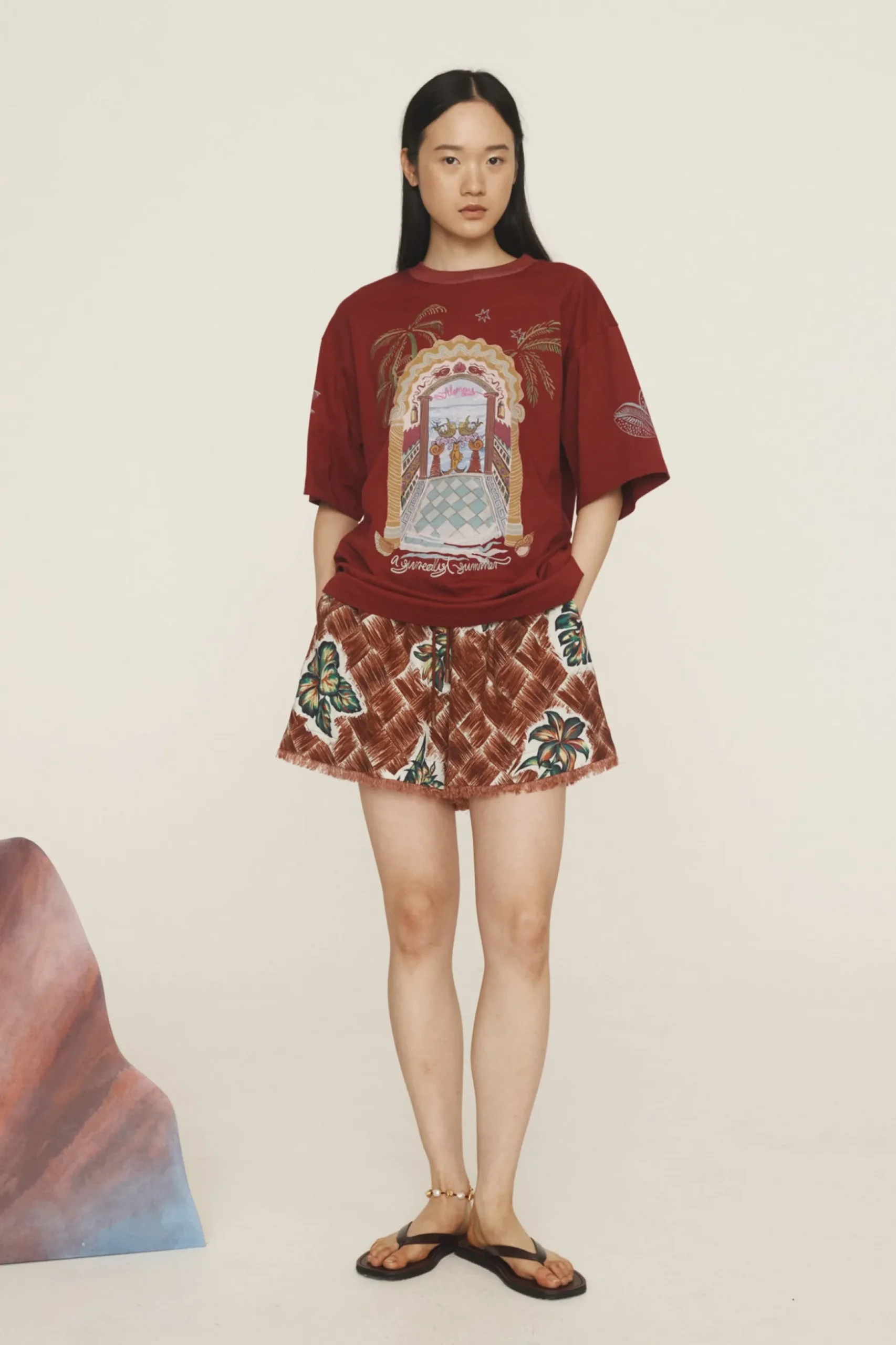 Alémais Surrealist Summer Burgandy Tee - Burgundy