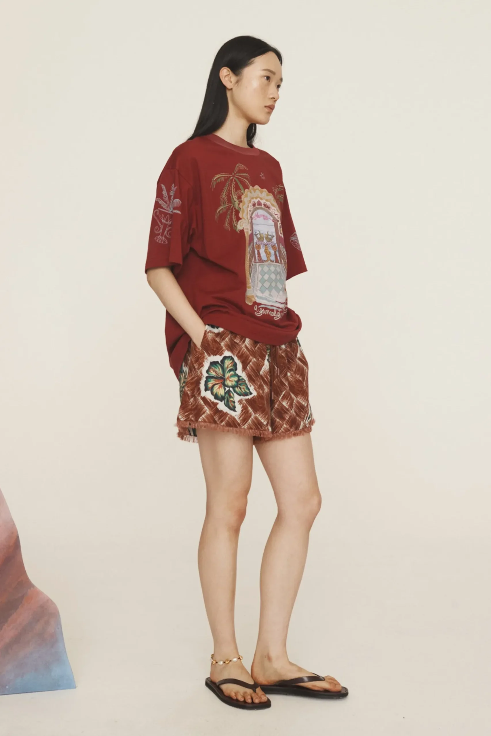 Alémais Surrealist Summer Burgandy Tee - Burgundy