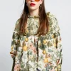 Karen Walker Gaia Long Sleeve Smocked Blouse - Macadamia/Green