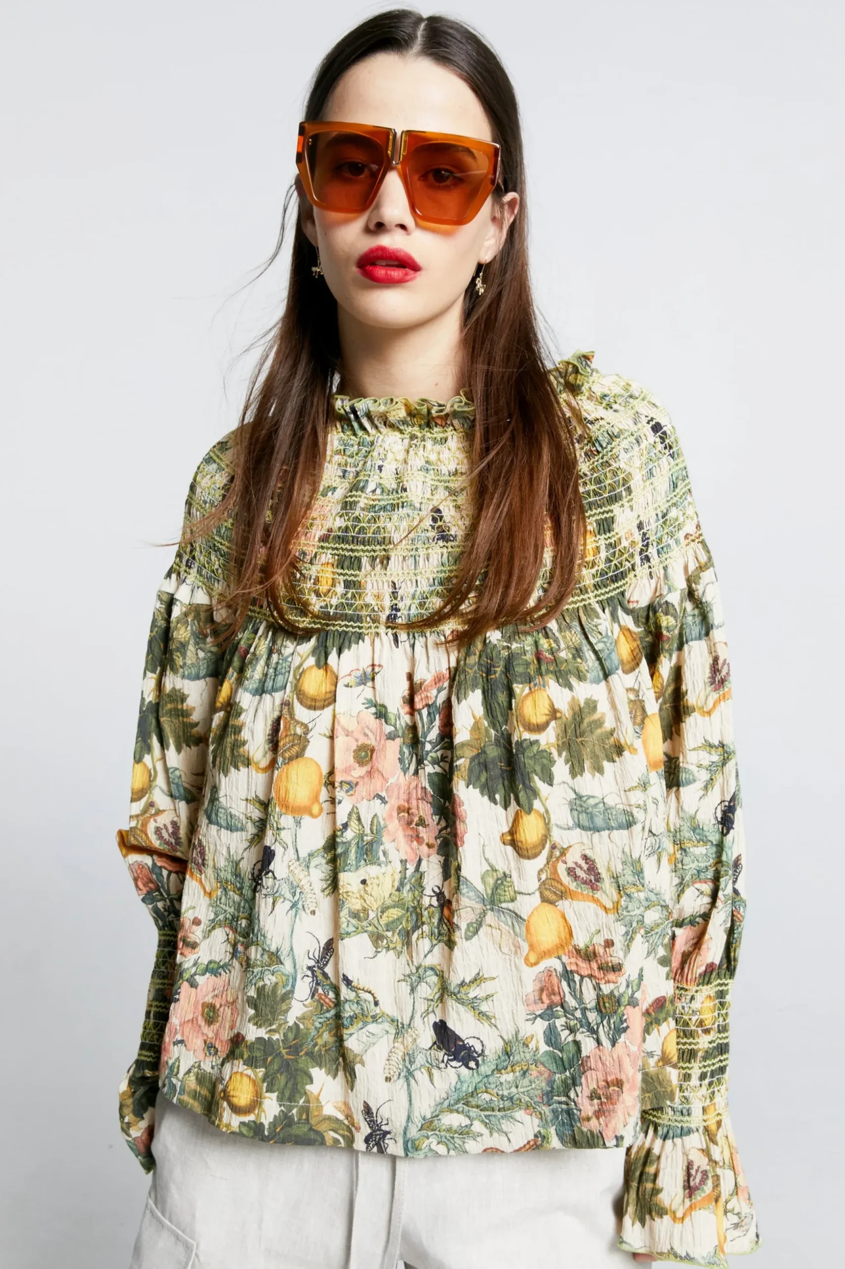 Karen Walker Gaia Long Sleeve Smocked Blouse - Macadamia/Green