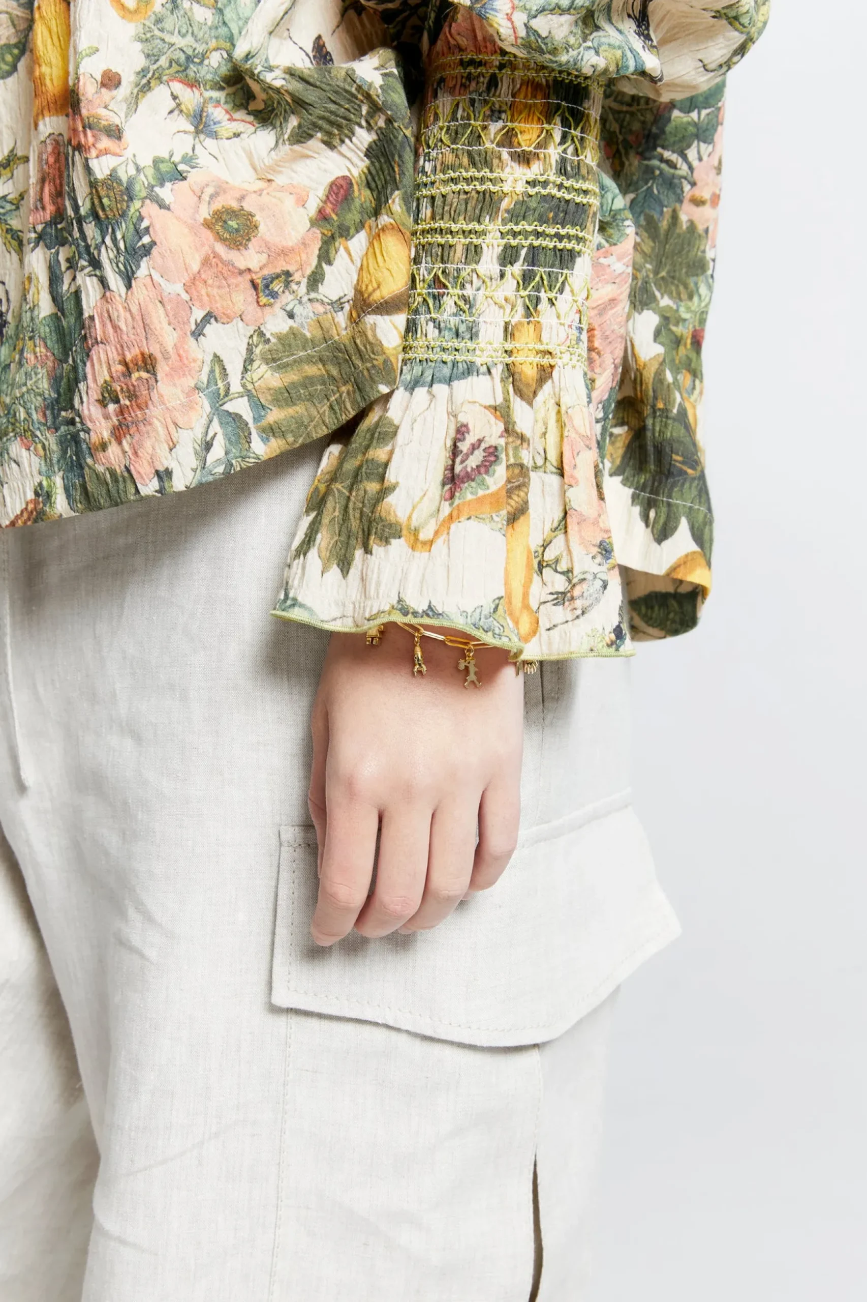 Karen Walker Gaia Long Sleeve Smocked Blouse - Macadamia/Green