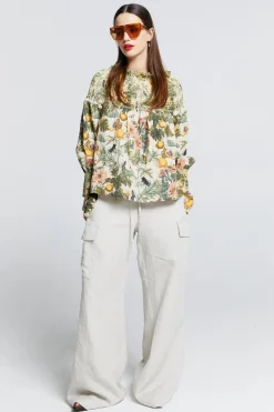 Karen Walker Gaia Long Sleeve Smocked Blouse - Macadamia/Green
