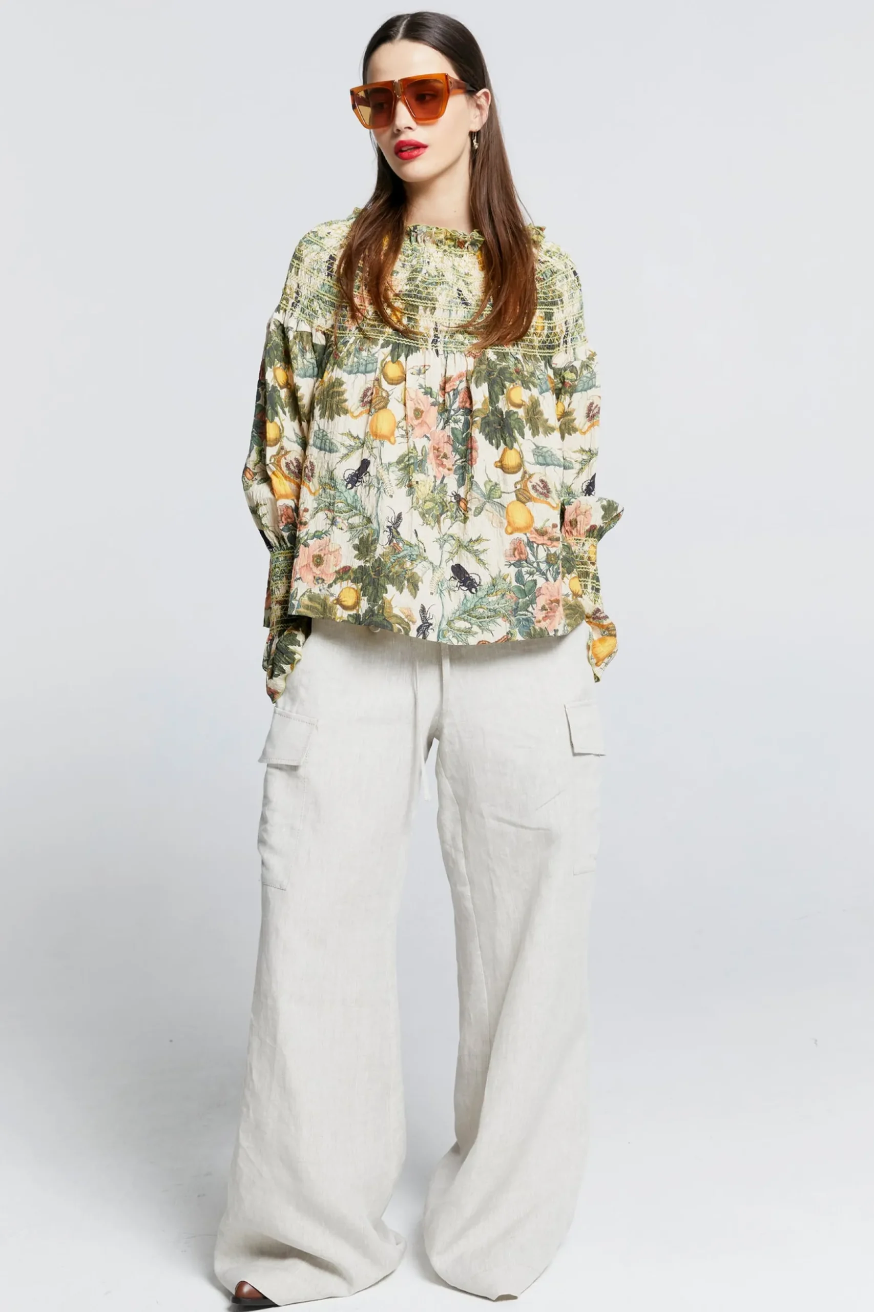 Karen Walker Gaia Long Sleeve Smocked Blouse - Macadamia/Green