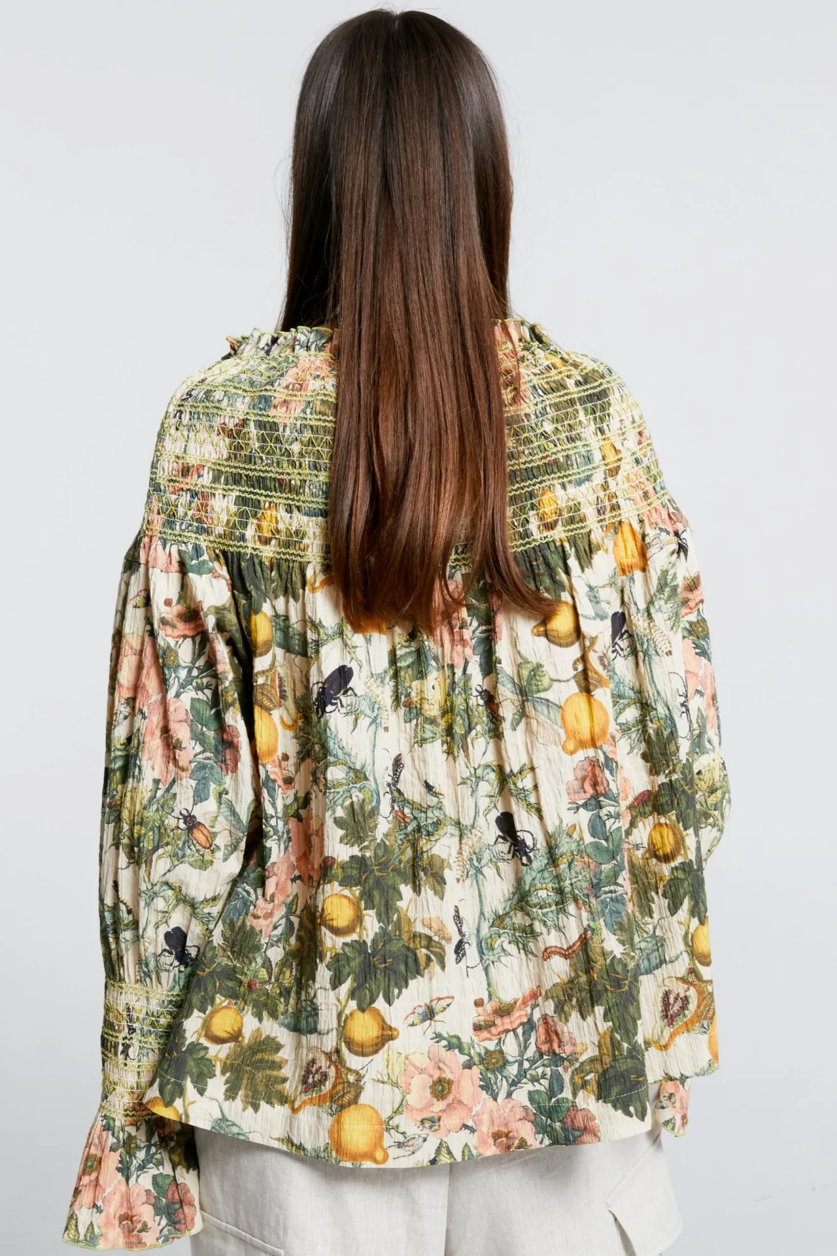 Karen Walker Gaia Long Sleeve Smocked Blouse - Macadamia/Green