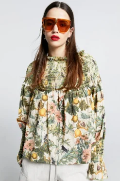 Karen Walker Gaia Long Sleeve Smocked Blouse - Macadamia/Green