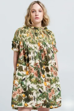 Karen Walker Gaia Smocked Mini Dress - Macadamia/Green