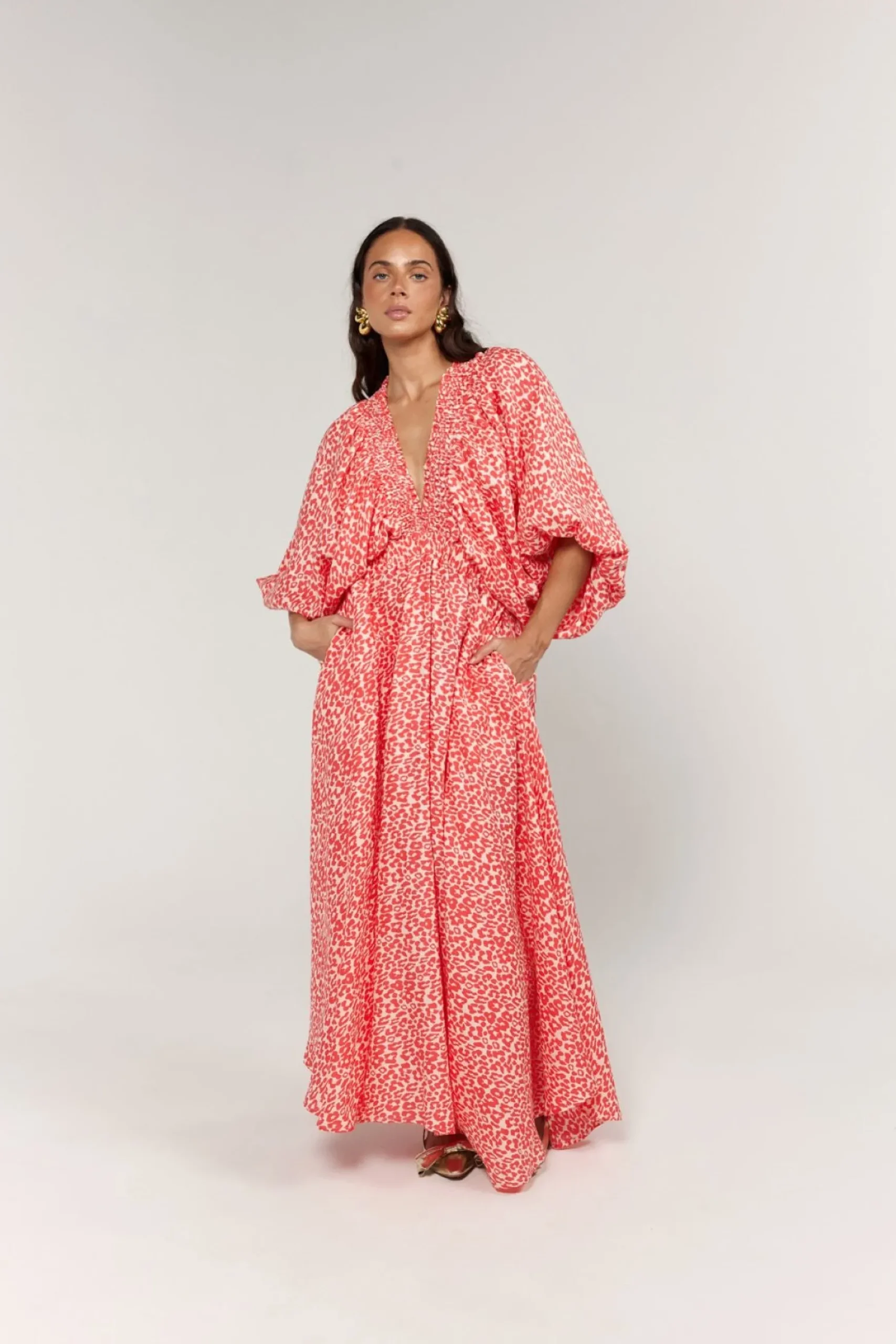 La Bohème Girls Essie V Neck Maxi Dress - Coral Oat Leopard