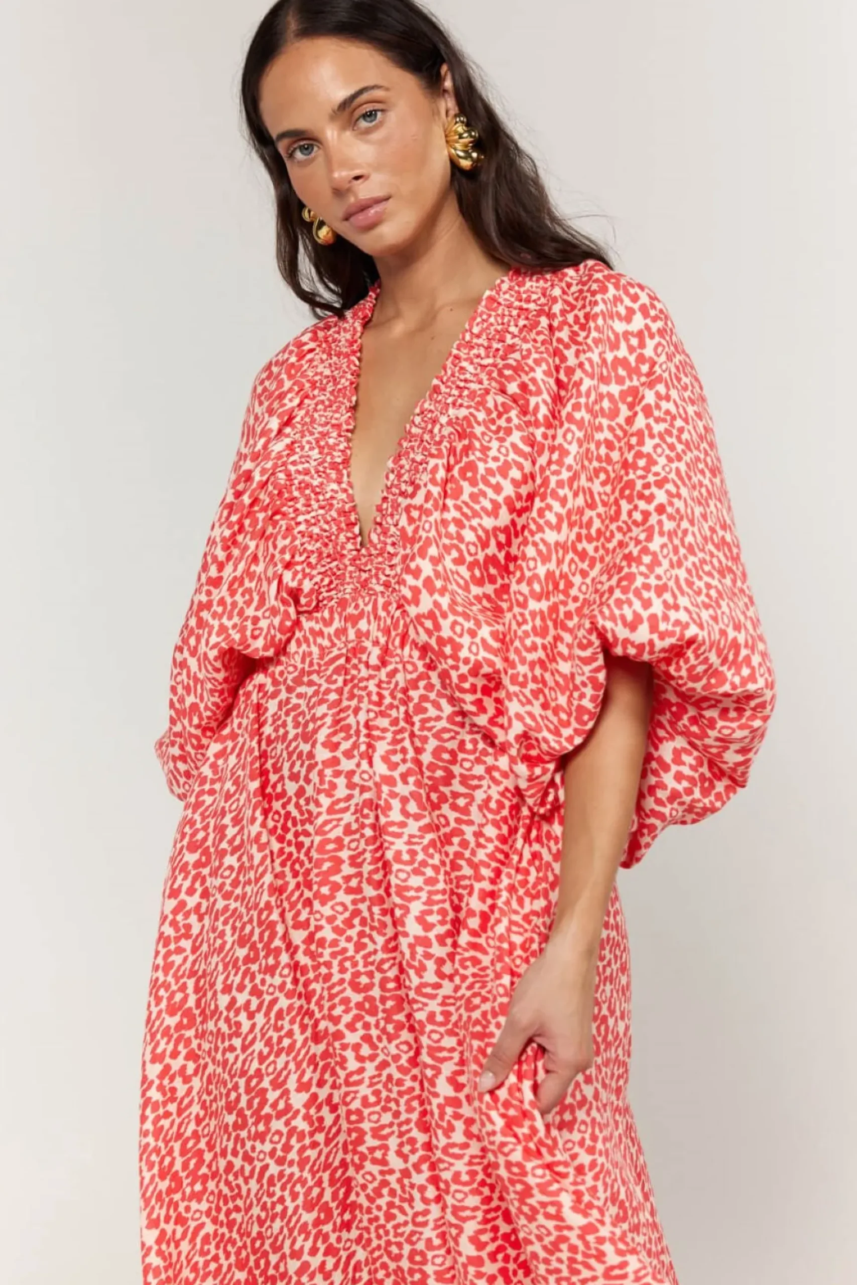 La Bohème Girls Essie V Neck Maxi Dress - Coral Oat Leopard