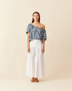 Ruby Hydra Off Shoulder Blouse - Navy Yellow Tartan