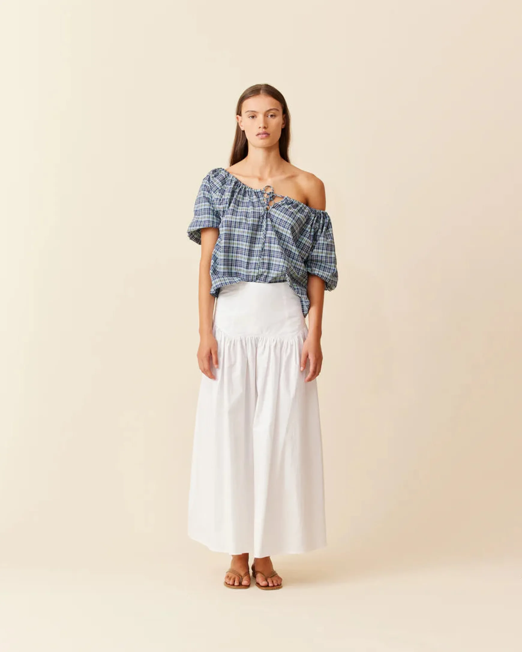 Ruby Hydra Off Shoulder Blouse - Navy Yellow Tartan