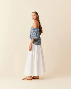 Ruby Hydra Off Shoulder Blouse - Navy Yellow Tartan