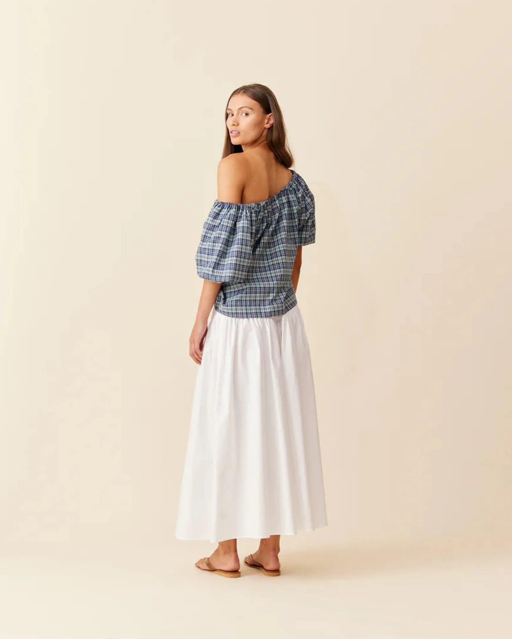 Ruby Hydra Off Shoulder Blouse - Navy Yellow Tartan