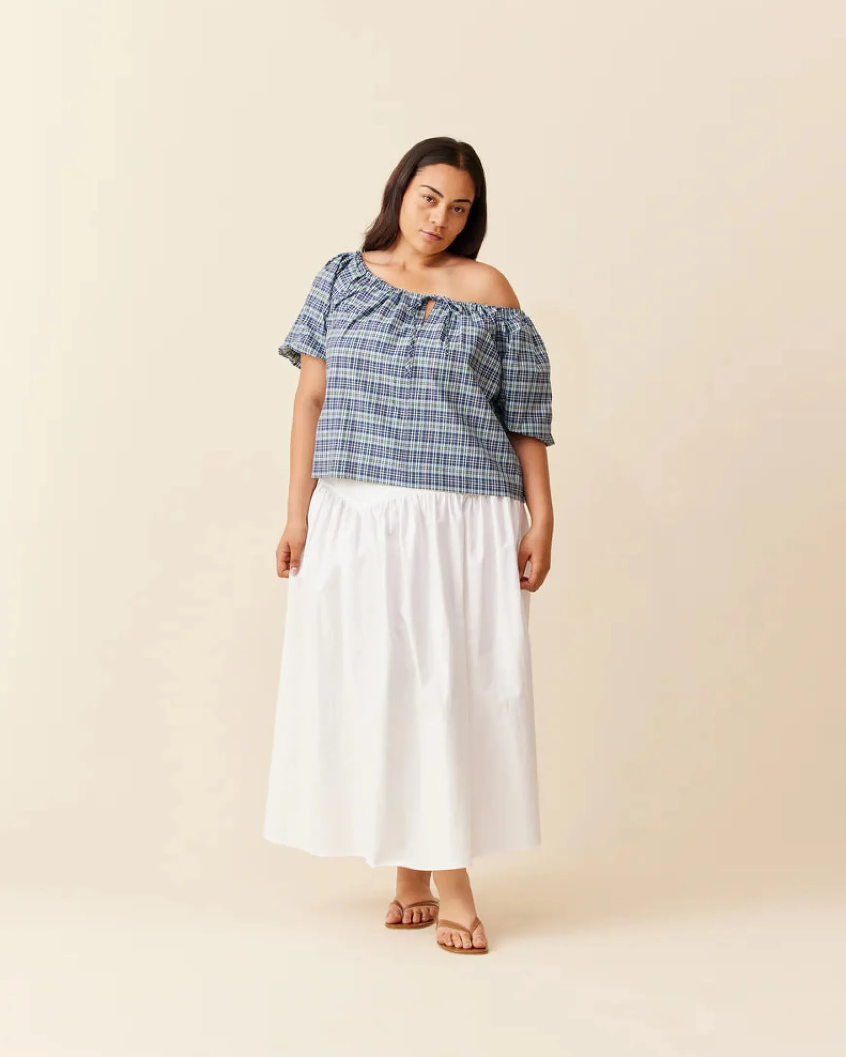 Ruby Hydra Off Shoulder Blouse - Navy Yellow Tartan