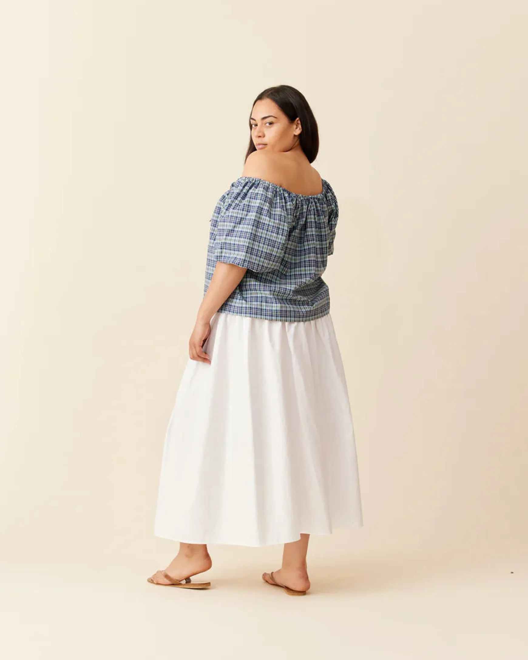 Ruby Hydra Off Shoulder Blouse - Navy Yellow Tartan
