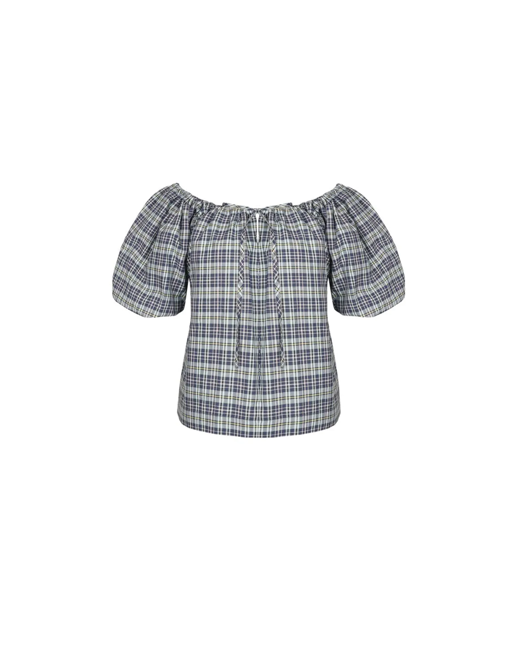 Ruby Hydra Off Shoulder Blouse - Navy Yellow Tartan