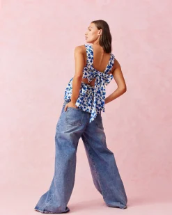 Ruby Margie Tie Back Top - Blue Floral