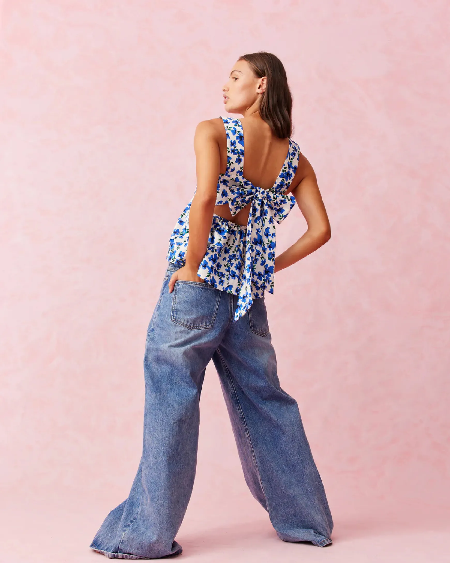 Ruby Margie Tie Back Top - Blue Floral