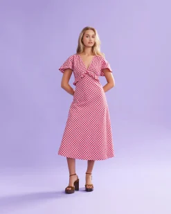 Ruby Petal Ruffle Midi Dress - Red Lilac Tartan
