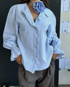 Ruby Sandler Ruffle Shirt - Navy Stripe