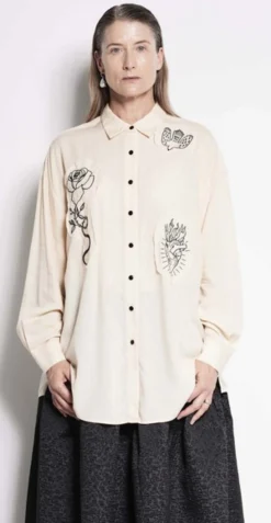 Salasai Compass Rose Shirt - Cream | Black Embroidery