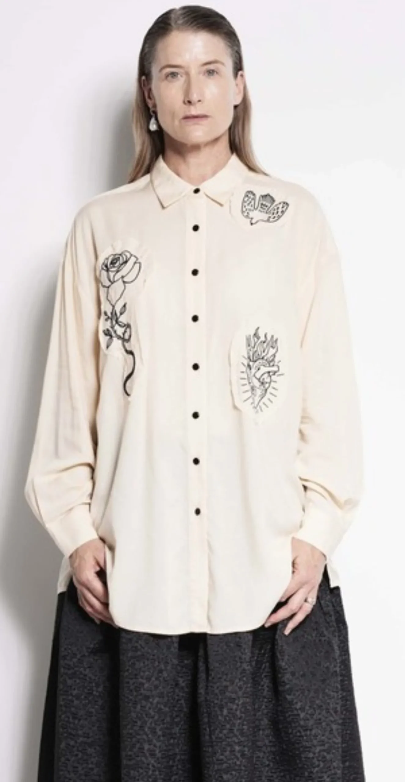Salasai Compass Rose Shirt - Cream | Black Embroidery