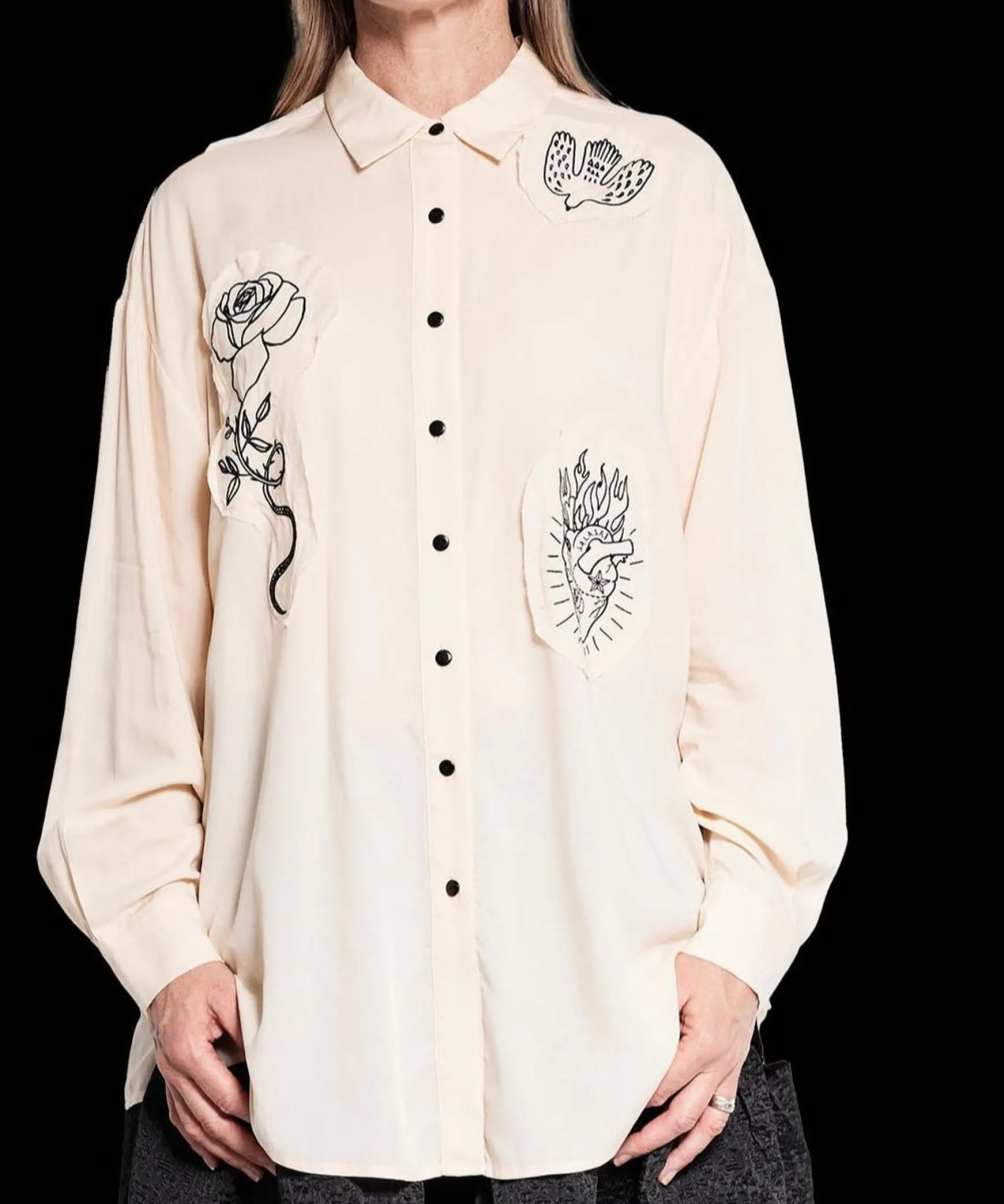 Salasai Compass Rose Shirt - Cream | Black Embroidery