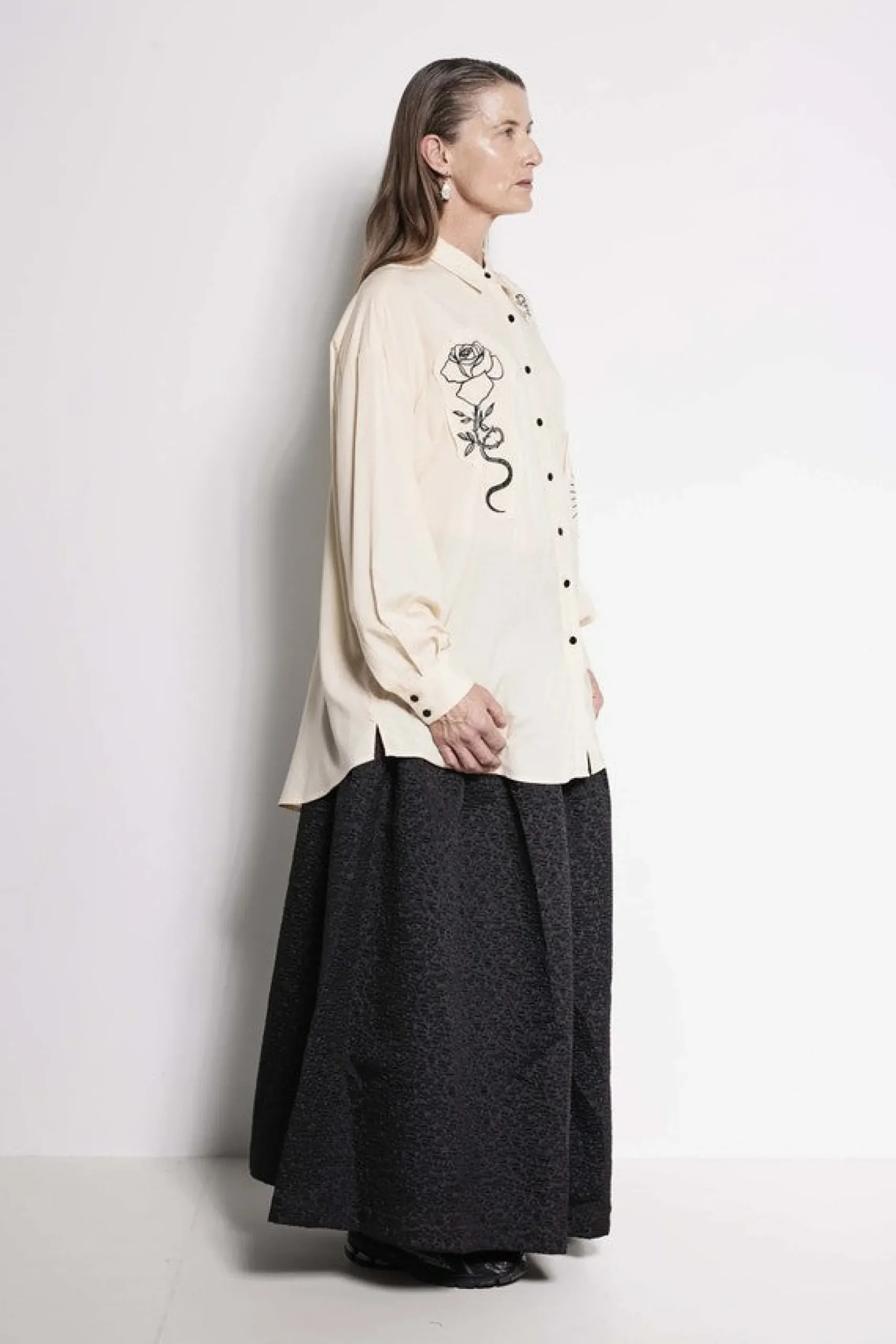 Salasai Compass Rose Shirt - Cream | Black Embroidery
