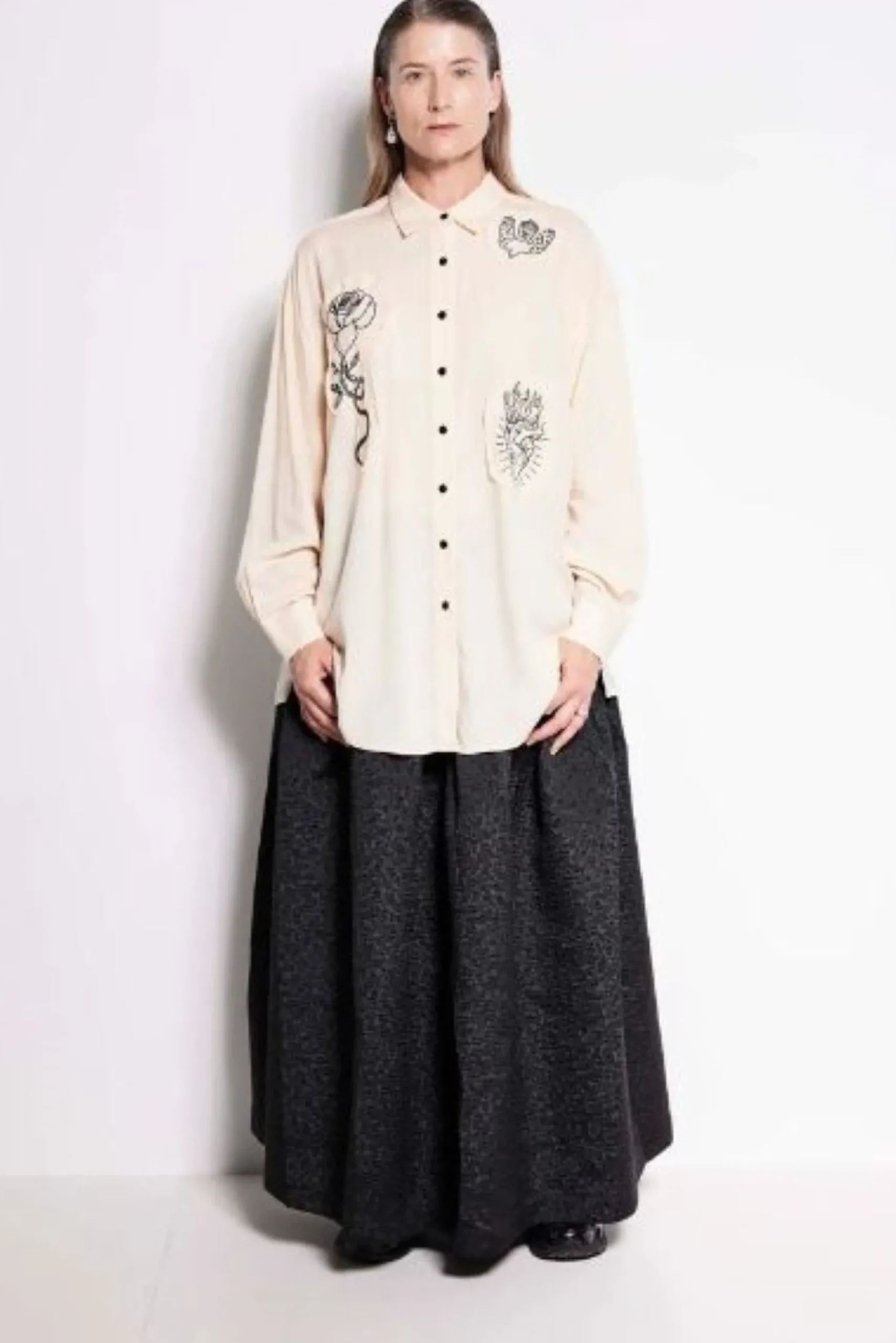 Salasai Compass Rose Shirt - Cream | Black Embroidery