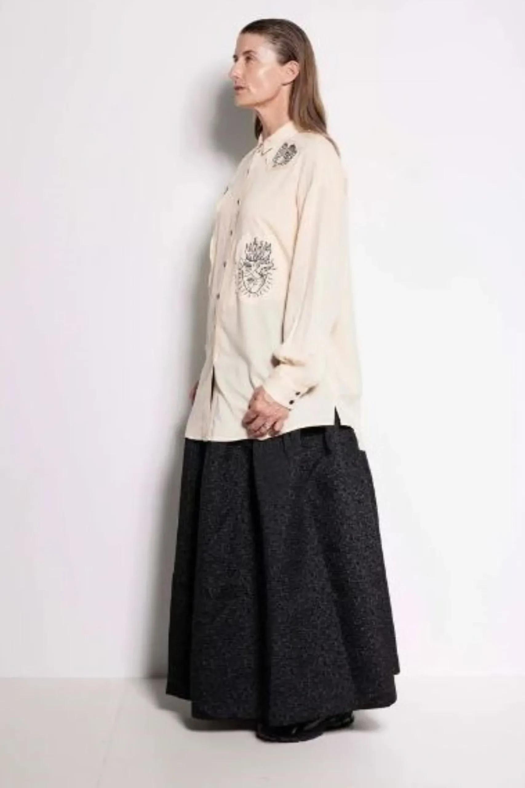 Salasai Compass Rose Shirt - Cream | Black Embroidery