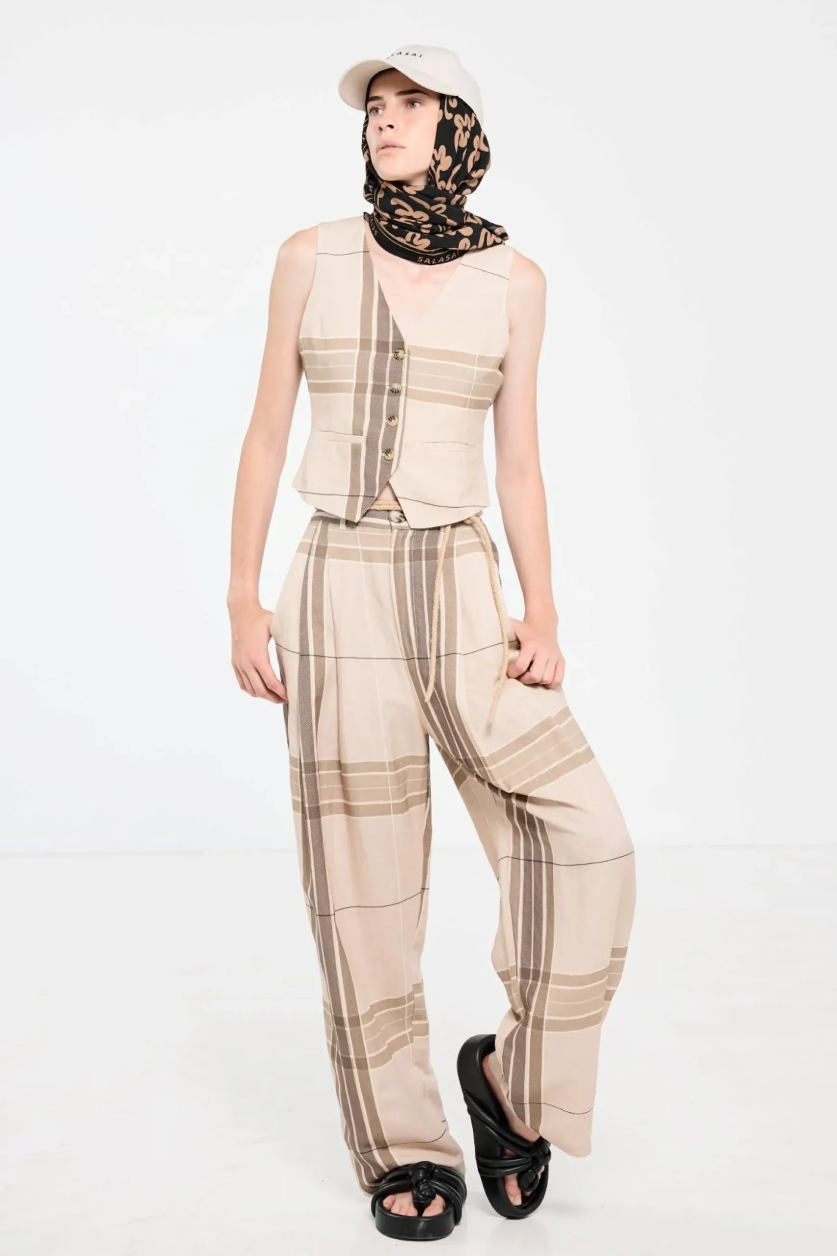 Salasai Country Palazzo Pant - Camel Check Linen